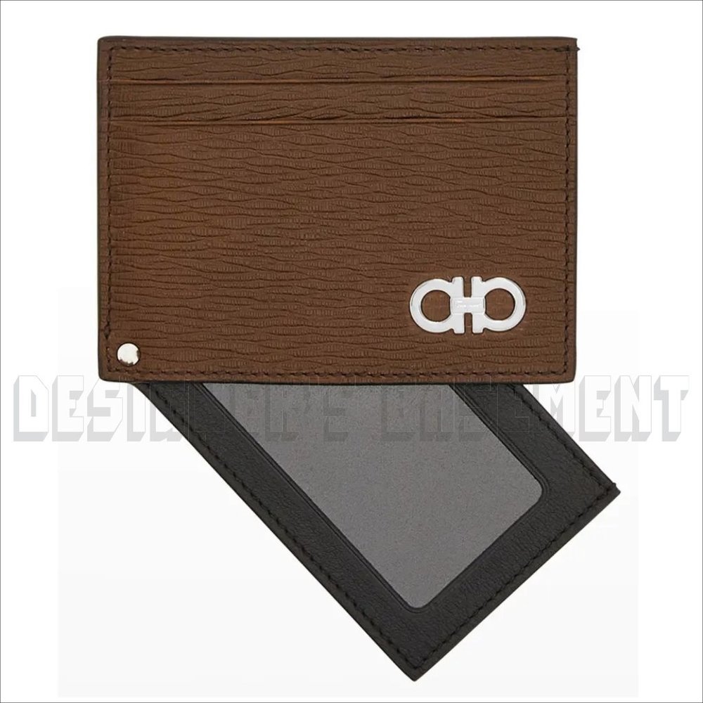 SALVATORE FERRAGAMO brown/blck REVIVAL leather GANCINI Flip-out ID card case NIB
